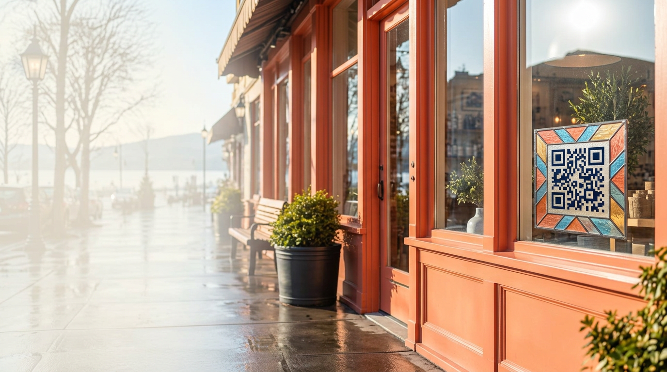 Illustrative sunlit neighborhood storefront with a coral and sky-blue stained-glass style QR cling